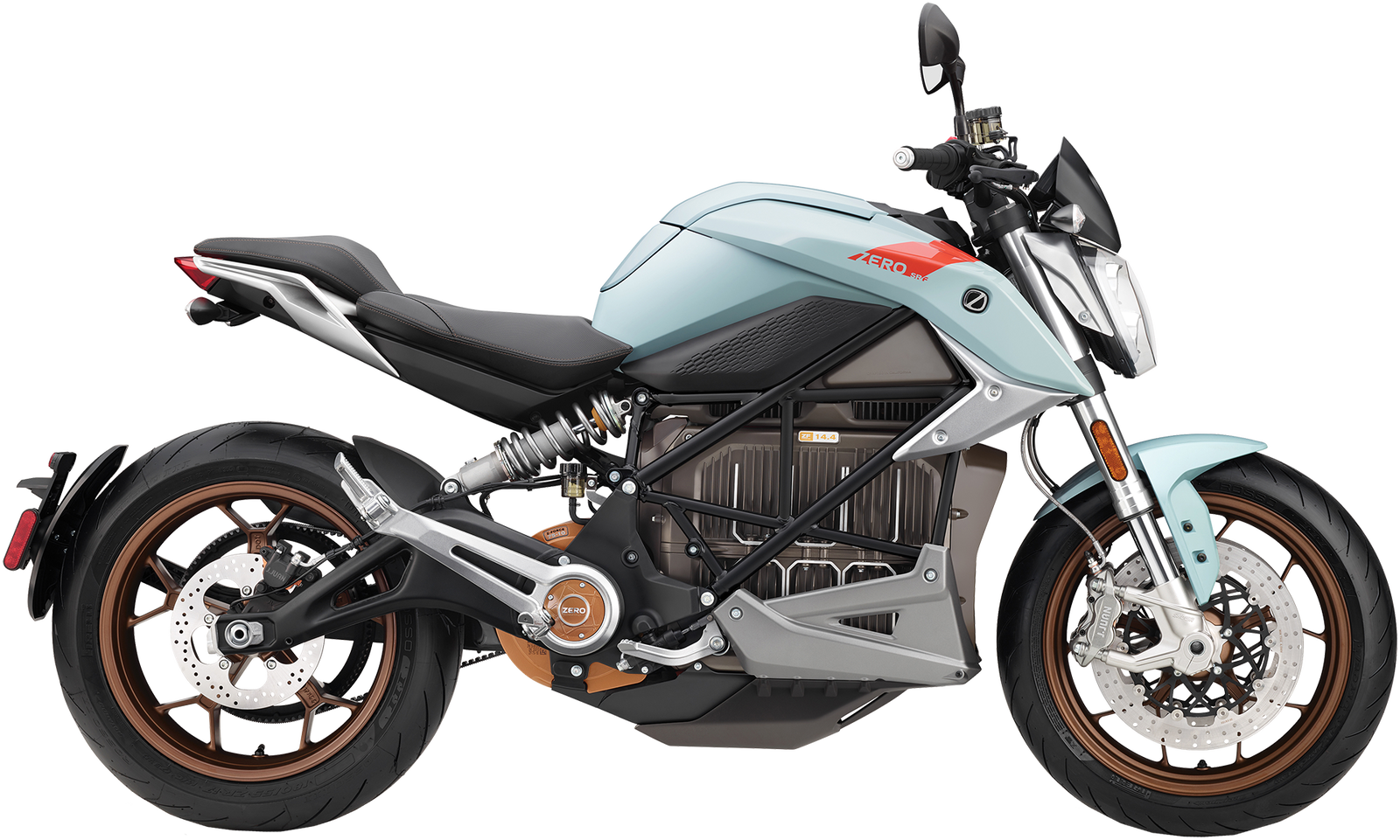 SR-F blå elmotorsykkel fra Zero sett rett fra side