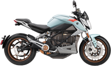 SR-F blå elmotorsykkel fra Zero sett rett fra side